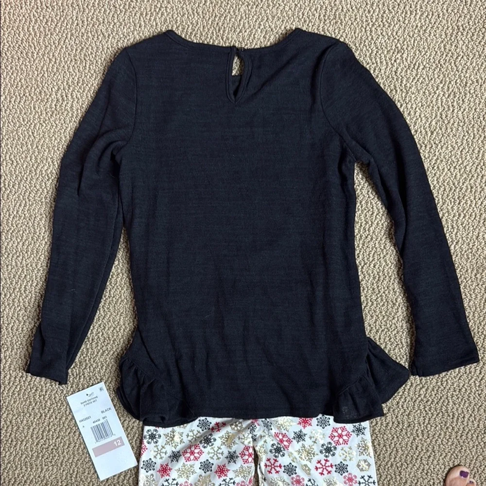 Rare Editions Black Santa Top with Red Bow Accent and snowflake pants - Picture 8 of 10